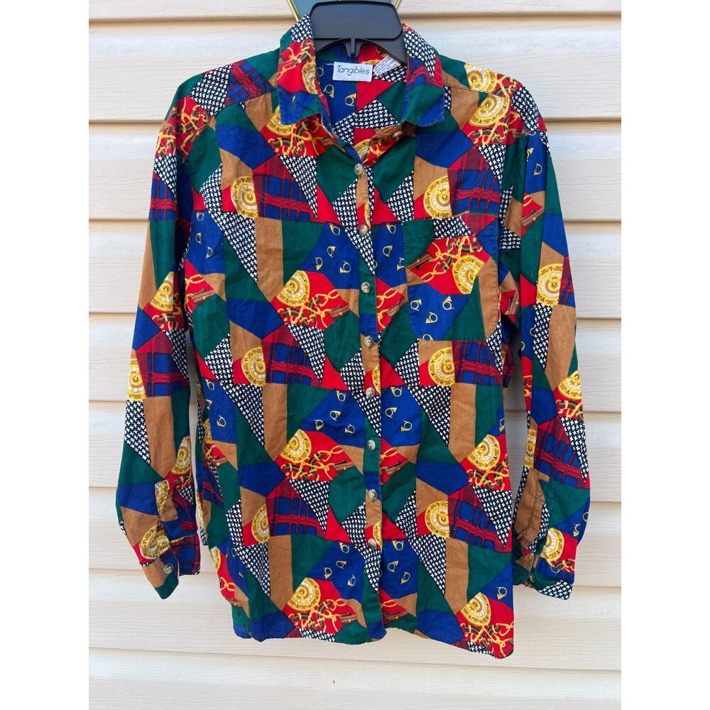 Vintage Tangibles Large Patchwork Chain Equestrian Button Down Shirt Cotton